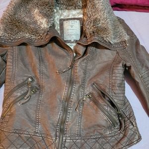 Guess Brown Faux Leather Jacket with Faux Fur Collar